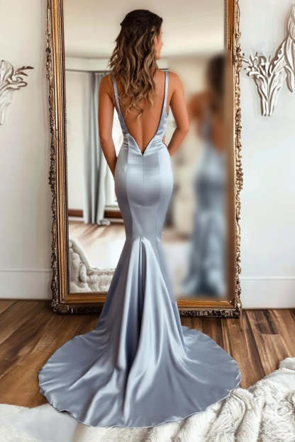 Long Silver Prom Dress with Mermaid Silhouette Satin Ruffles and Ruched Details