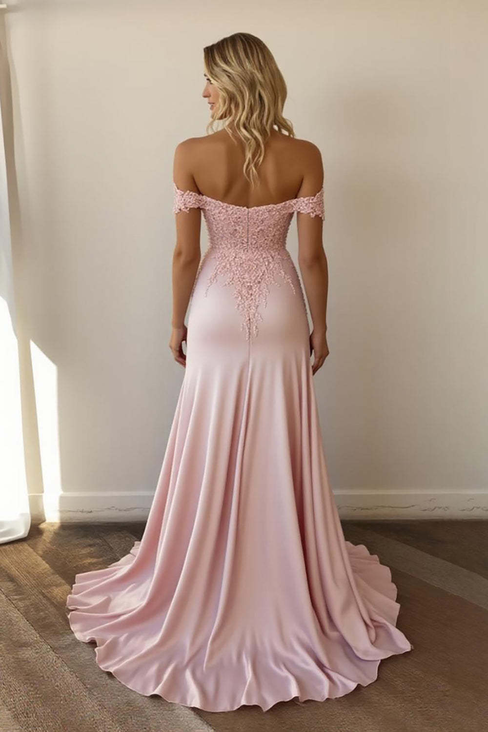Off-the-Shoulder Long Pink Prom Dress in A-Line Satin with Lace