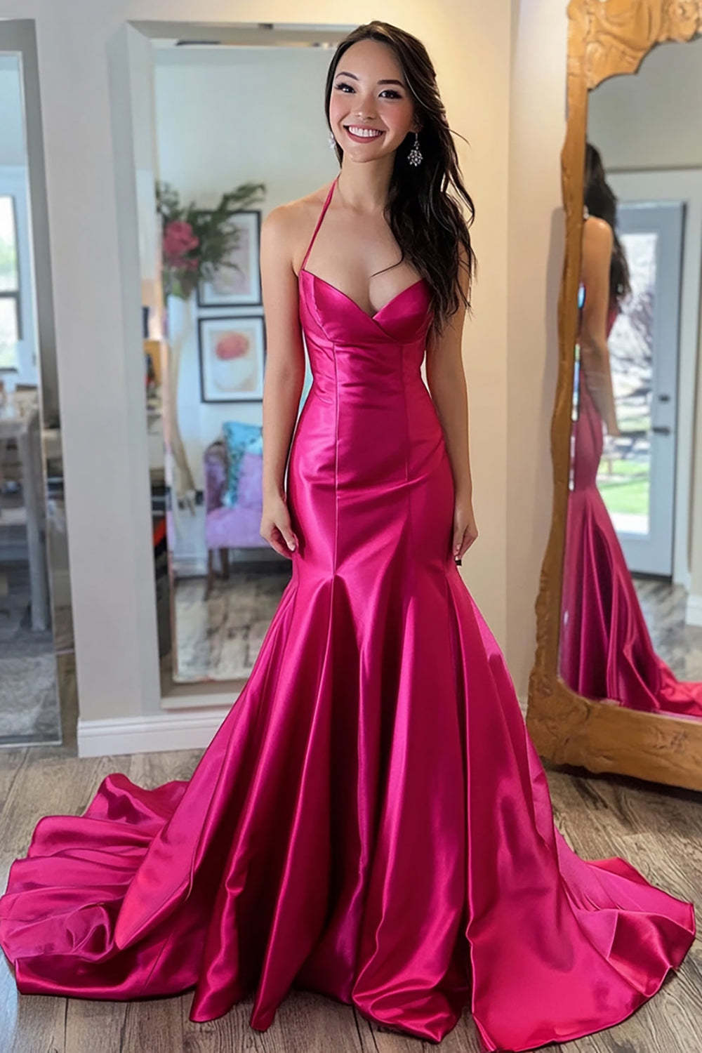 Long Prom Dress in Fuchsia Satin with Mermaid Silhouette and Spaghetti Straps