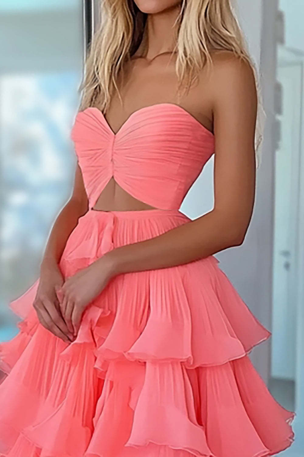 Long Prom Dress in Tulle with Cut-Out Tiered Design and Sunset Hue