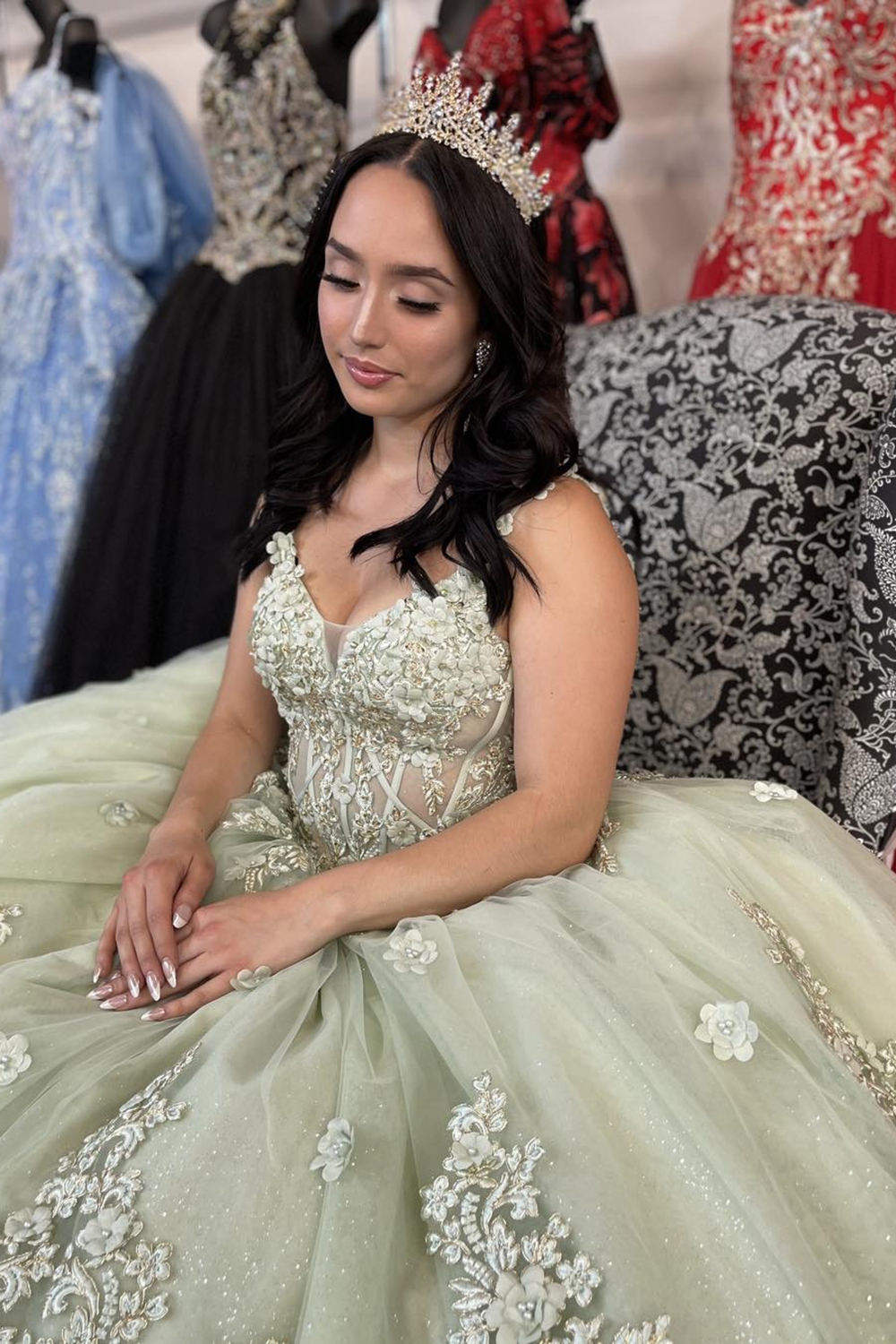 Sparkly Ball Gown Quinceanera Dress with Apricot Corset and Appliques