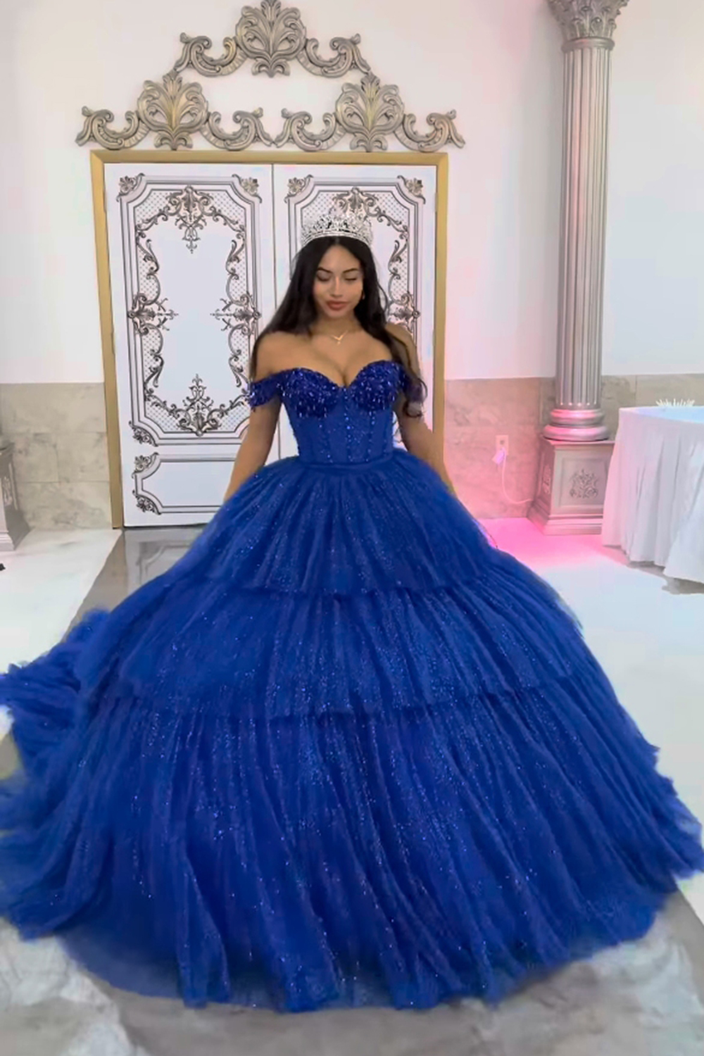 Sparkly Royal Blue Off-the-Shoulder Tiered Corset Dress for Quinceanera