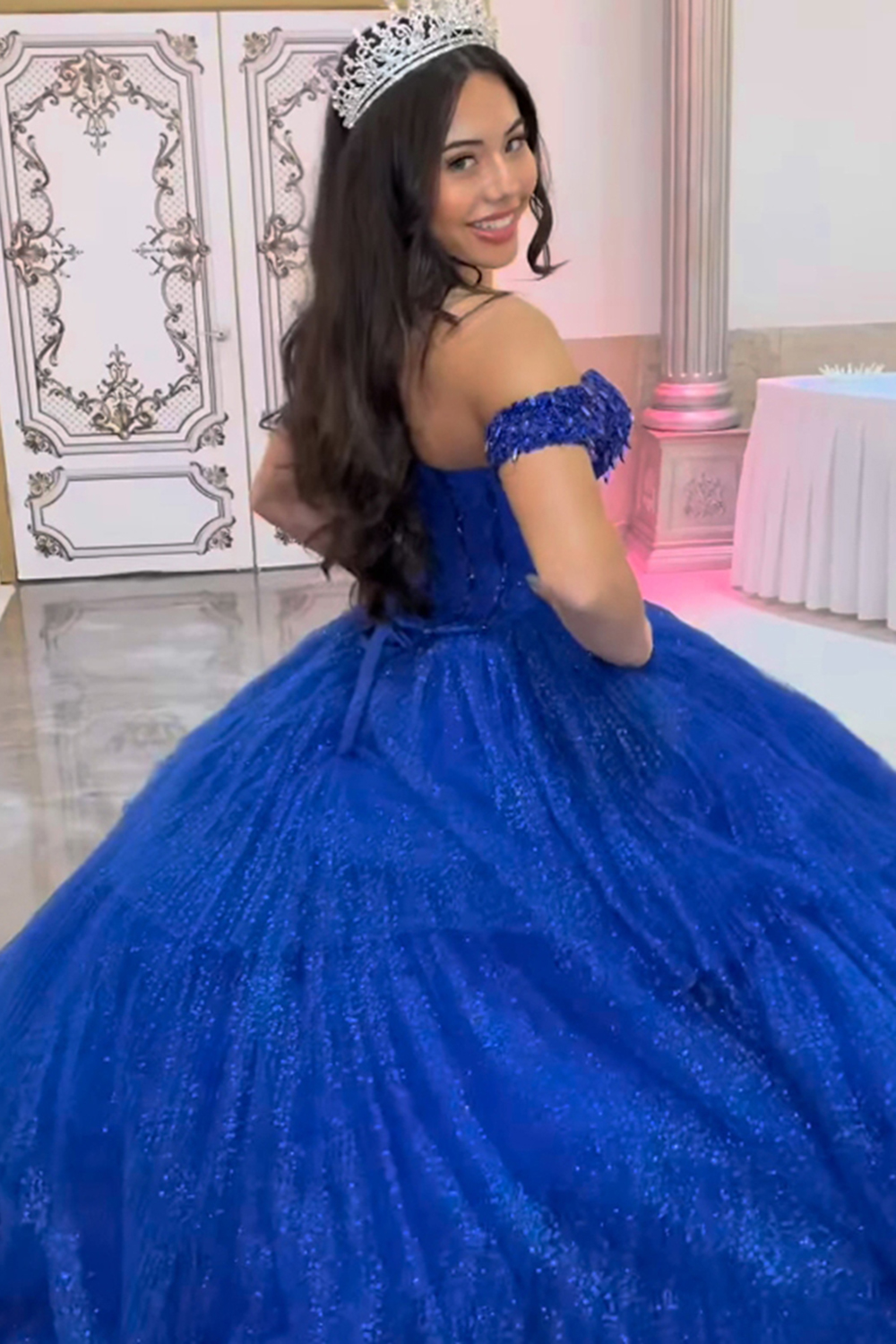 Sparkly Royal Blue Off-the-Shoulder Tiered Corset Dress for Quinceanera