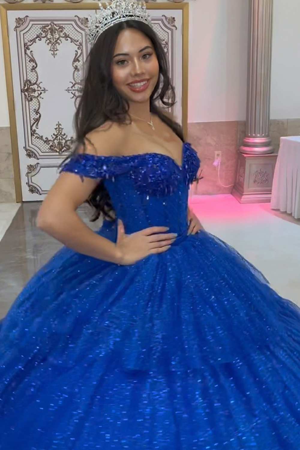 Sparkly Royal Blue Off-the-Shoulder Tiered Corset Dress for Quinceanera