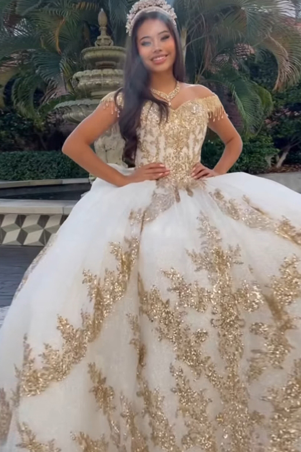 Golden Ball Gown Quinceanera Dress with Sparkly White Appliques