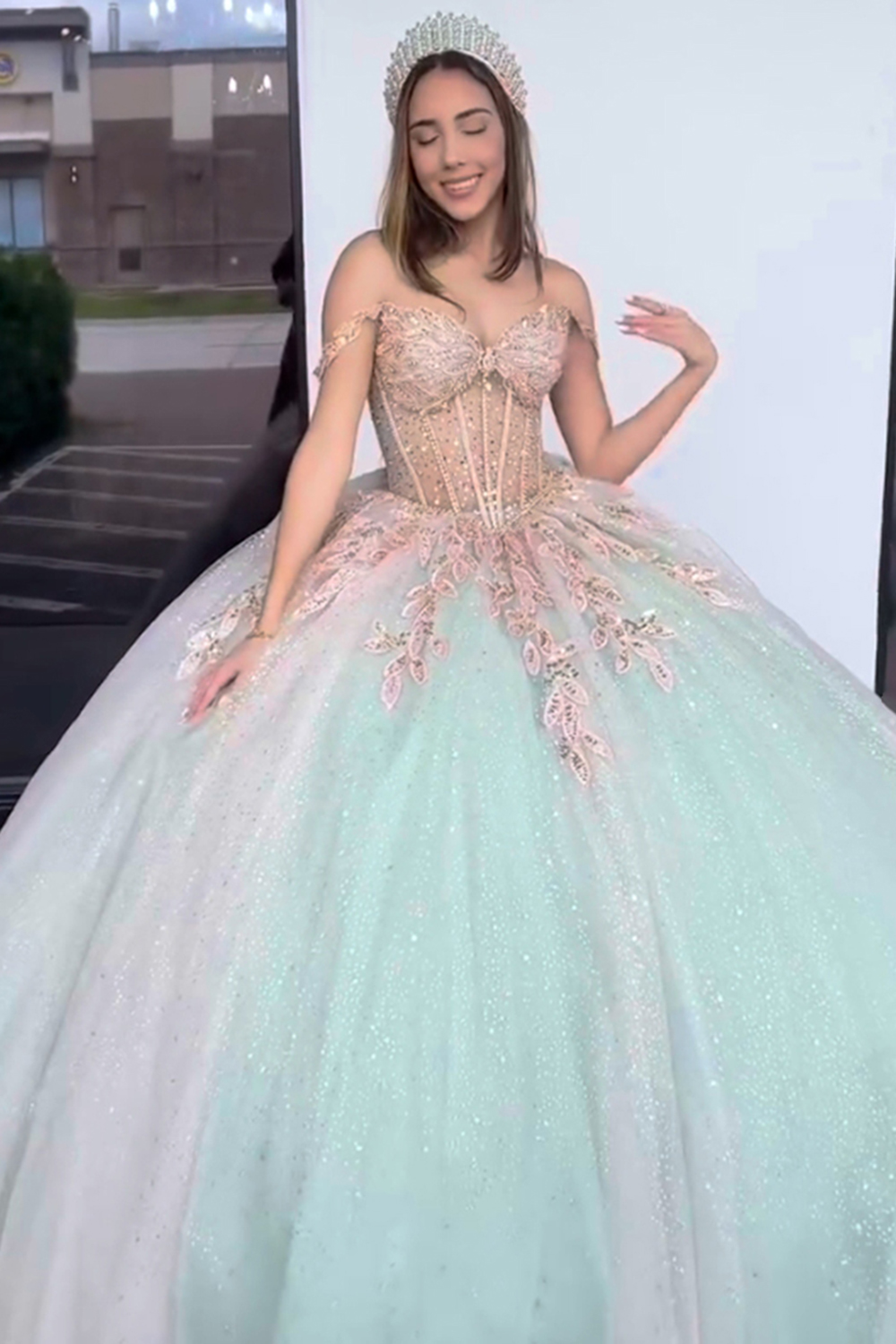 Off-the-Shoulder Quinceanera Dress in Sparkly Green with Appliques