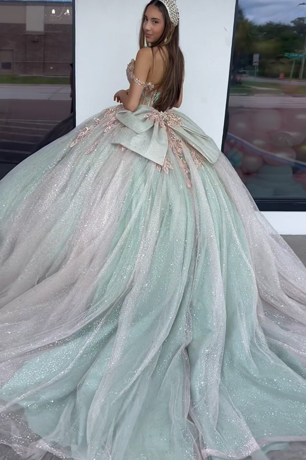 Off-the-Shoulder Quinceanera Dress in Sparkly Green with Appliques