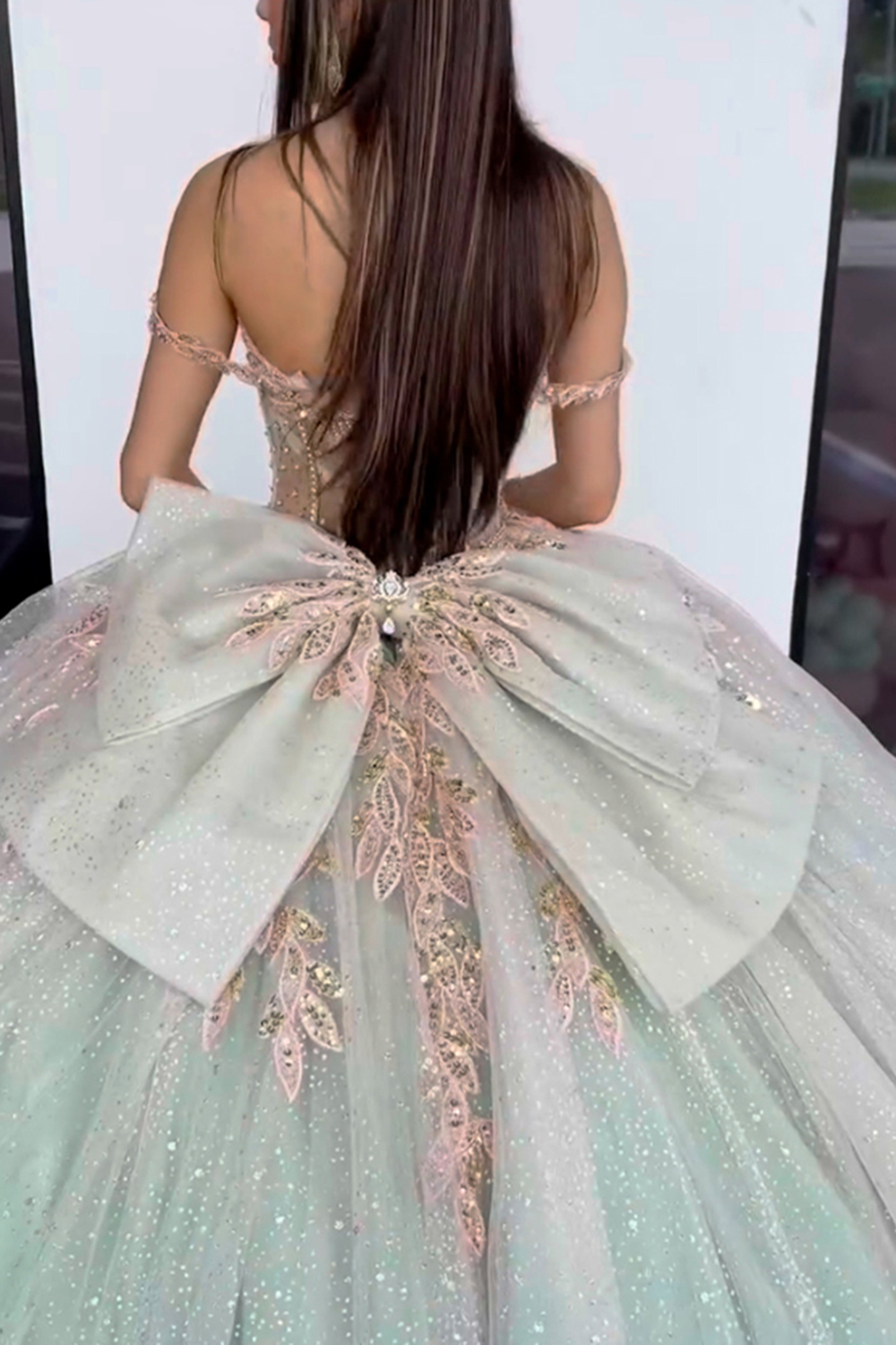 Off-the-Shoulder Quinceanera Dress in Sparkly Green with Appliques