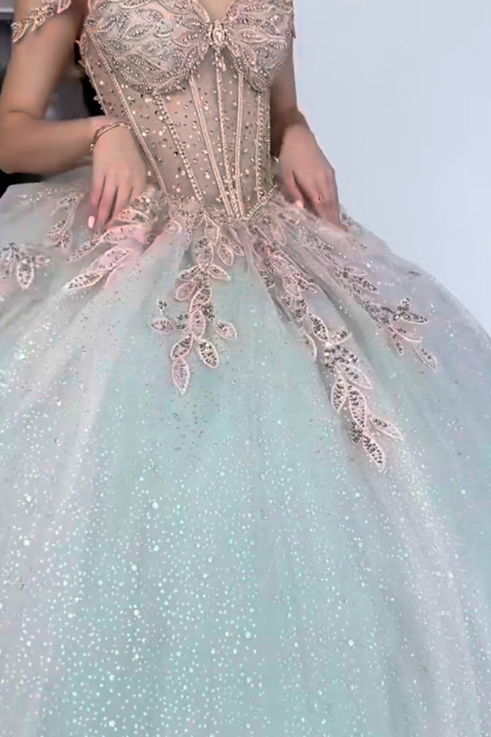 Off-the-Shoulder Quinceanera Dress in Sparkly Green with Appliques
