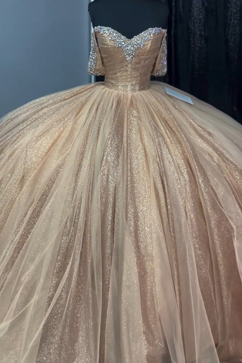 Off the Shoulder Quinceanera Dress in Sparkly Champagne Tulle