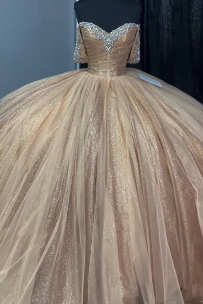 Off the Shoulder Quinceanera Dress in Sparkly Champagne Tulle