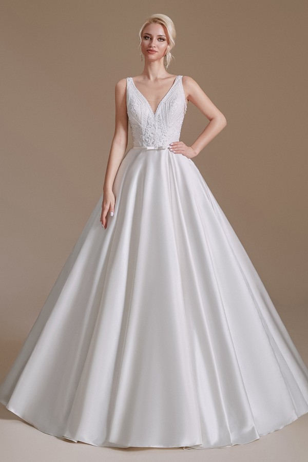 Charming A-Line V-Neck Satin Long Wedding Dress with Appliques Lace