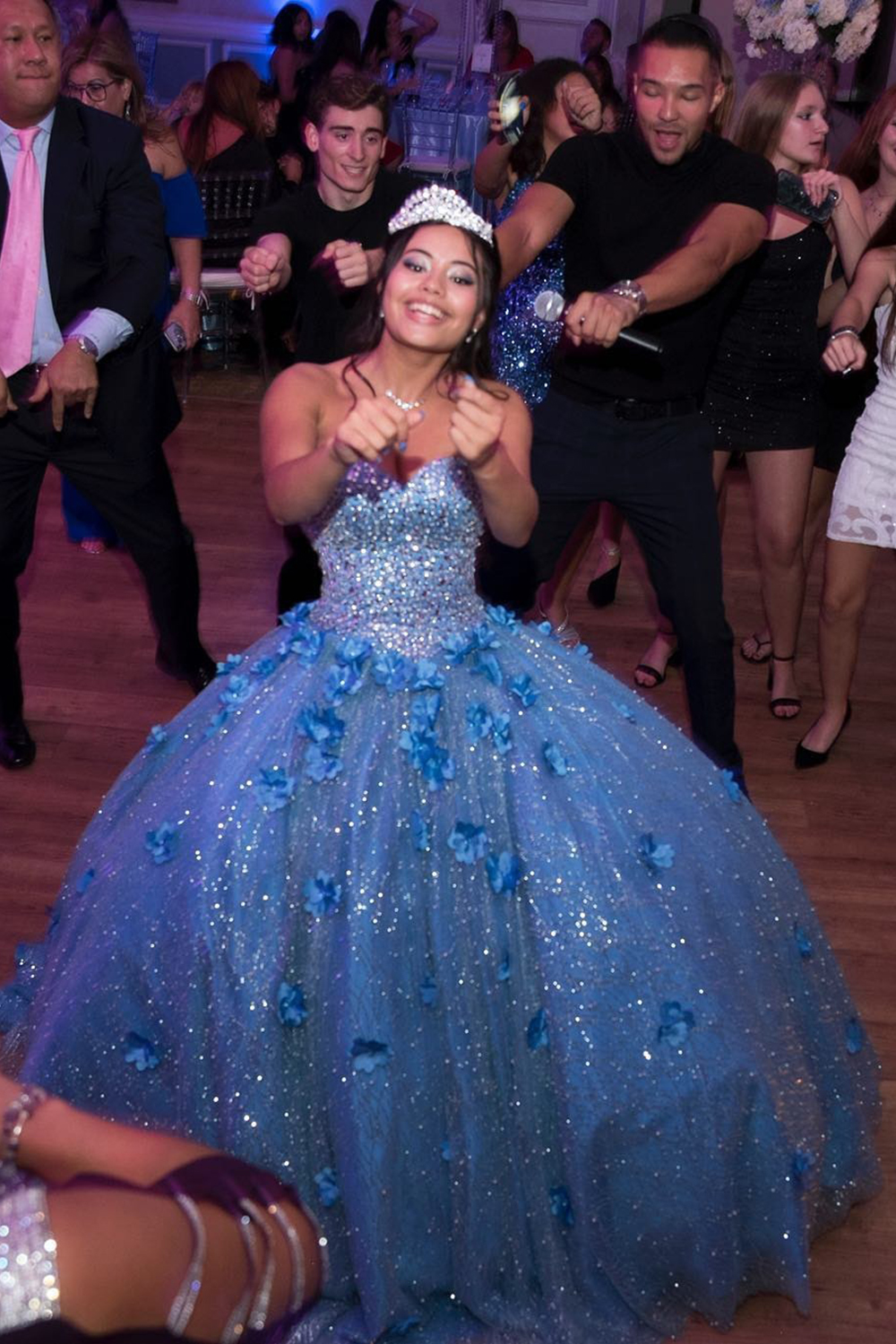 Long Blue Sparkly Princess Ball Gown with 3D Flowers and Sequins for Quinceanera