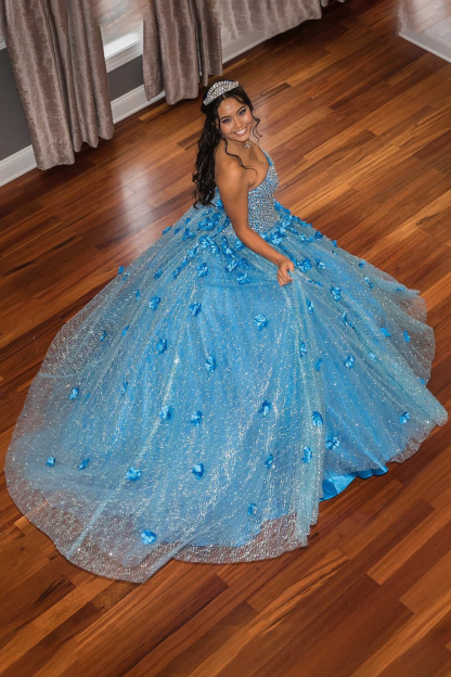 Long Blue Sparkly Princess Ball Gown with 3D Flowers and Sequins for Quinceanera