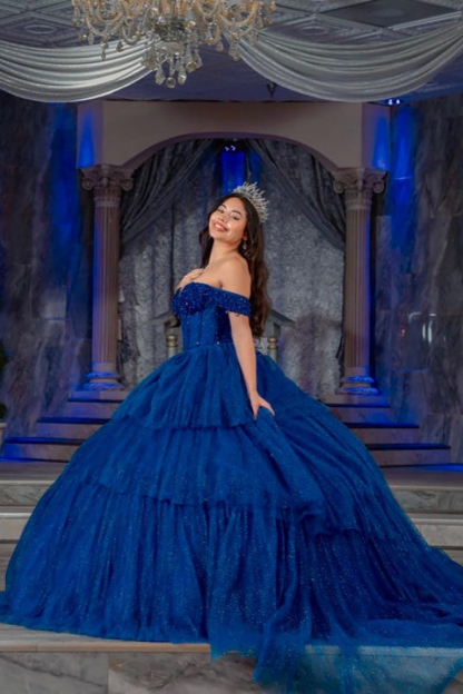 Royal Blue Sparkle Corset Quinceanera Dress with Tiered Tulle Ball Gown
