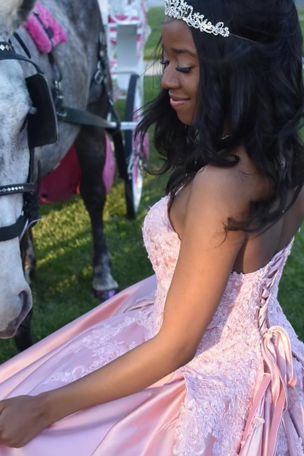 Long Pink Satin Princess Quinceanera Dress with Sweetheart Neckline and Lace