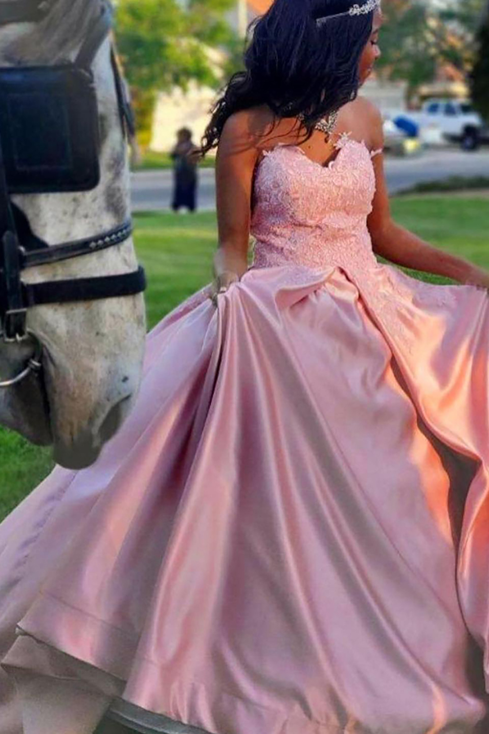 Long Pink Satin Princess Quinceanera Dress with Sweetheart Neckline and Lace