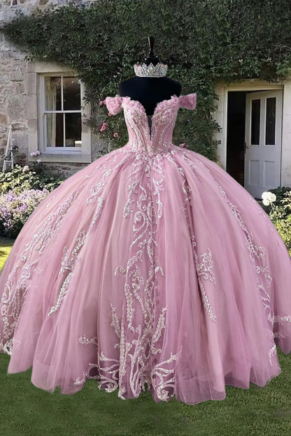 Long Off-the-Shoulder Princess Ball Gown in Sparkly Pink for Quinceanera