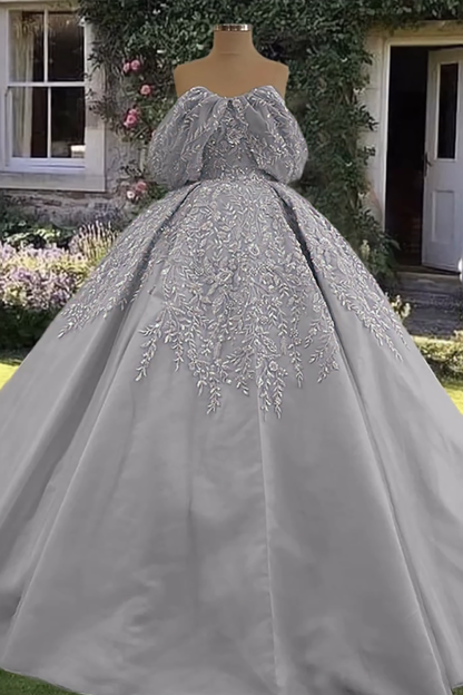 Off-the-Shoulder Purple Satin Ball Gown with Appliques for Quinceanera