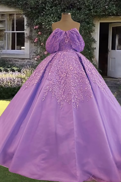 Off-the-Shoulder Purple Satin Ball Gown with Appliques for Quinceanera