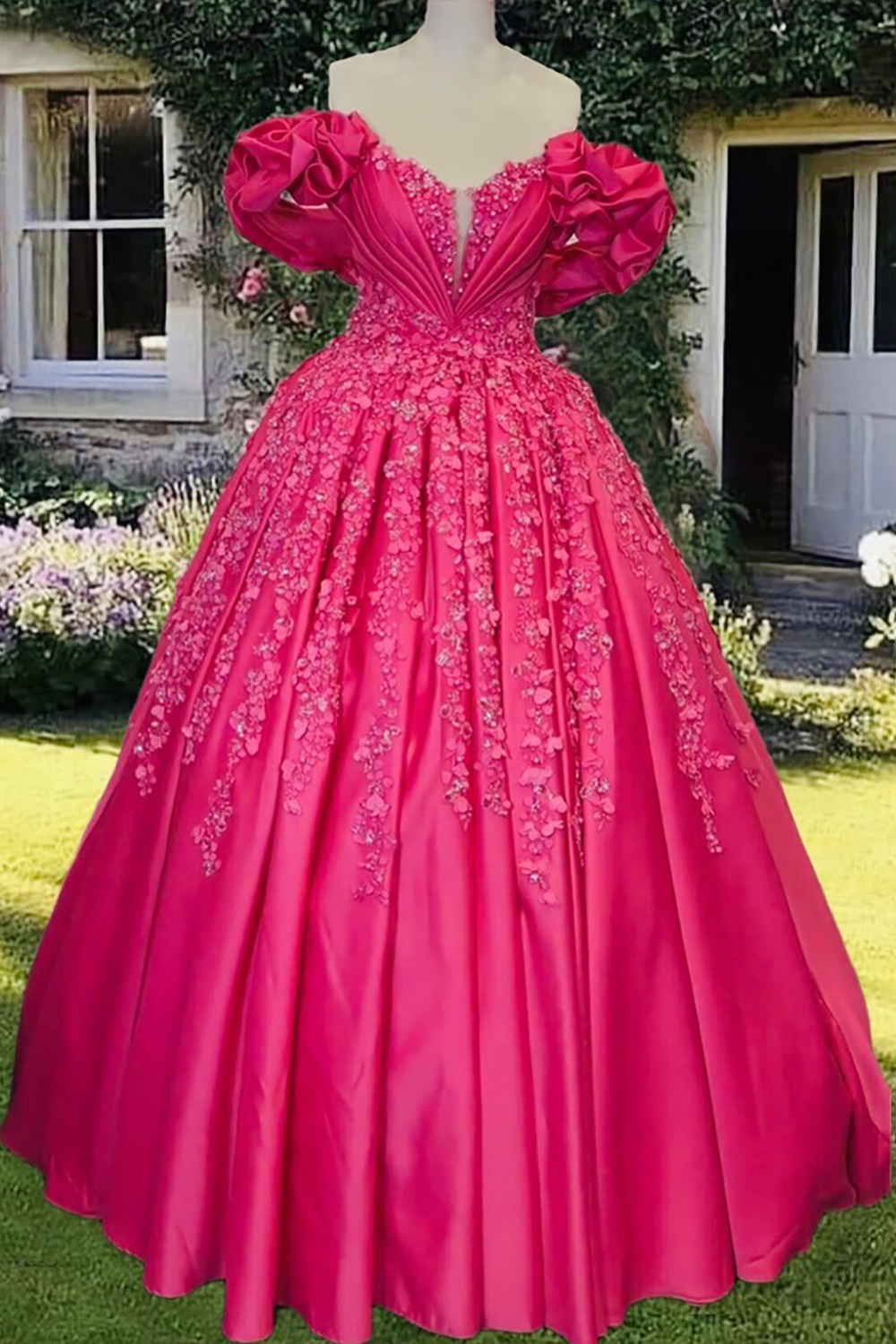 Fuchsia Satin Ball Gown with Sparkly Ruffles and Applique for Quinceanera