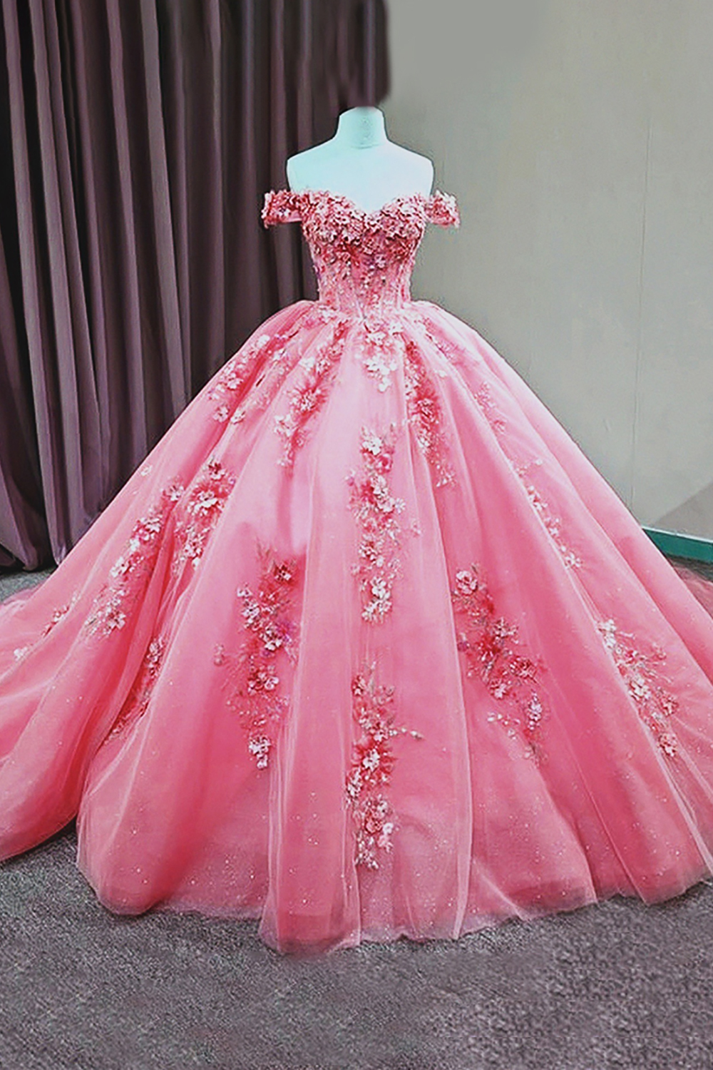 Long Off-The-Shoulder Pink Sparkly Ball Gown with Appliques for Princess Quinceanera