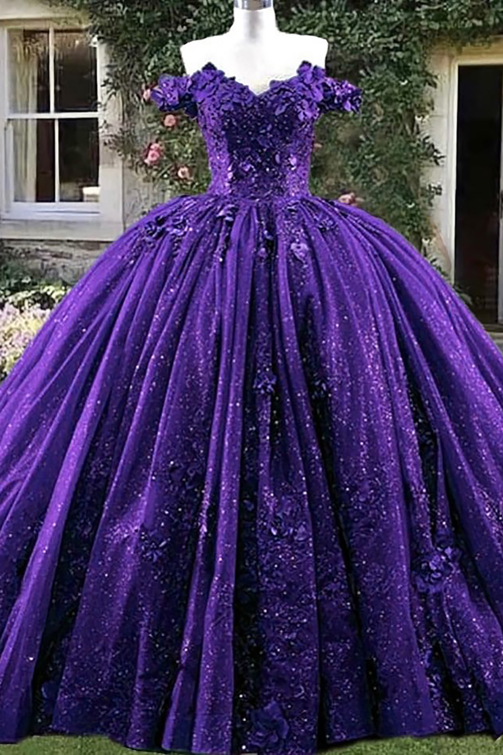 Purple Glitter Corset Princess Gown for Quinceanera with Off-Shoulder Design