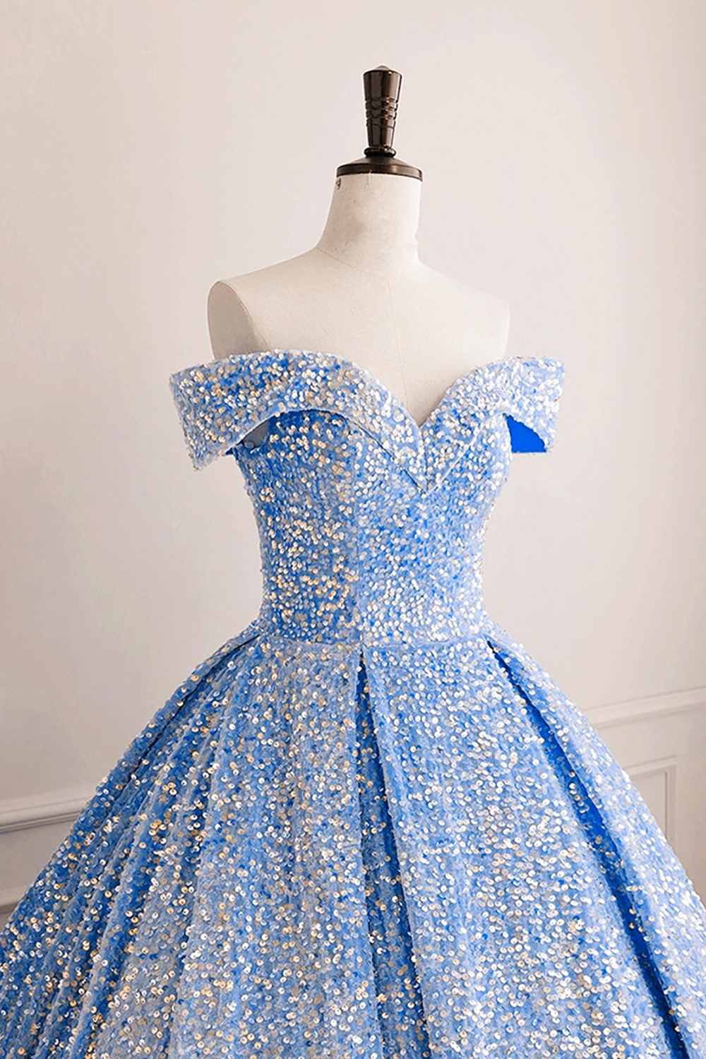 Long Princess Quinceanera Dress with Sparkly Blue Ruched Sequins