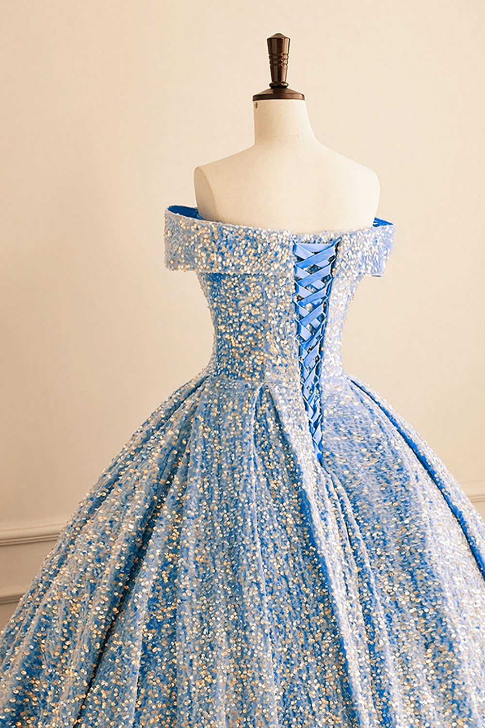Long Princess Quinceanera Dress with Sparkly Blue Ruched Sequins