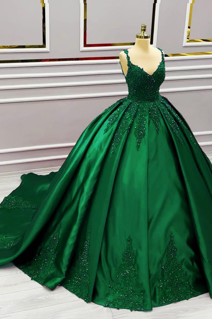 Long Dark Green Satin Princess Quinceanera Dress with Sparkly Ruched Ball Gown Applique