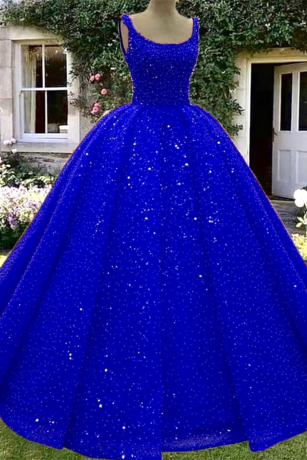 Royal Blue Sparkly Scoop Neck Ball Gown with Sequins for Quinceanera