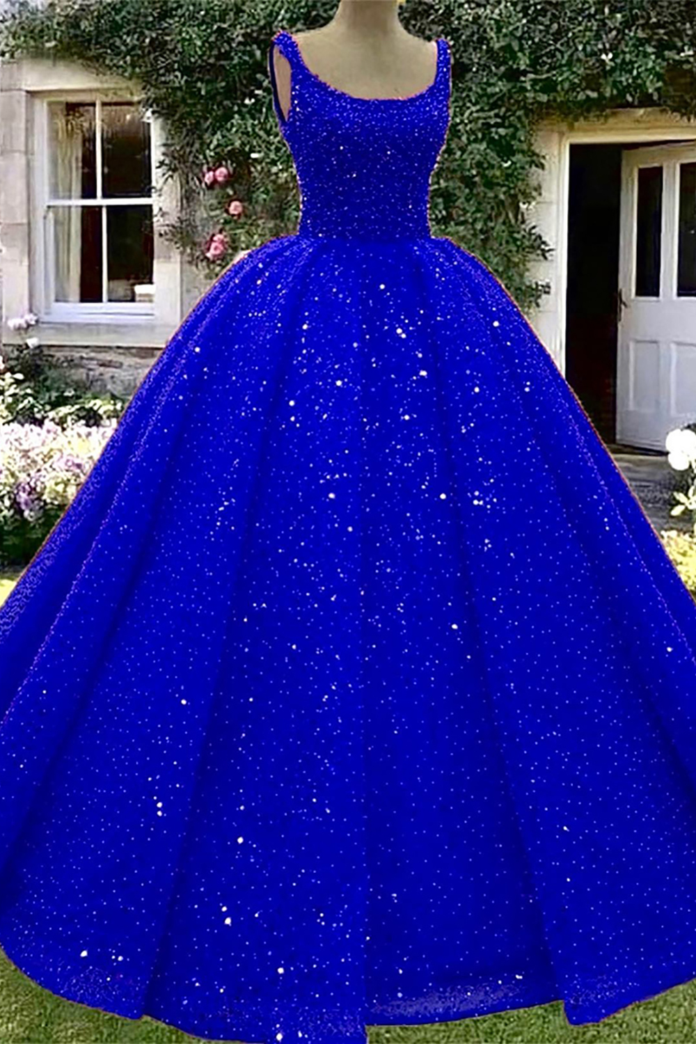 Royal Blue Sparkly Scoop Neck Ball Gown with Sequins for Quinceanera