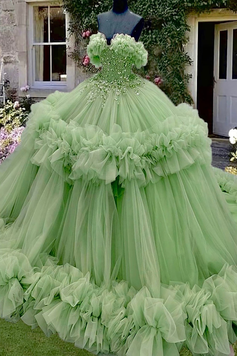 Long Ruffled Mint Princess Ball Gown with Sparkly Beading for Quinceanera