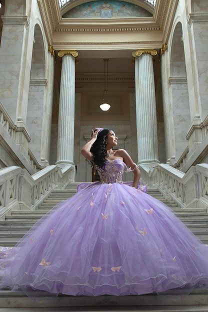 Long Lilac Quinceanera Ball Gown with Sparkly Tulle Butterfly Corset and Bow