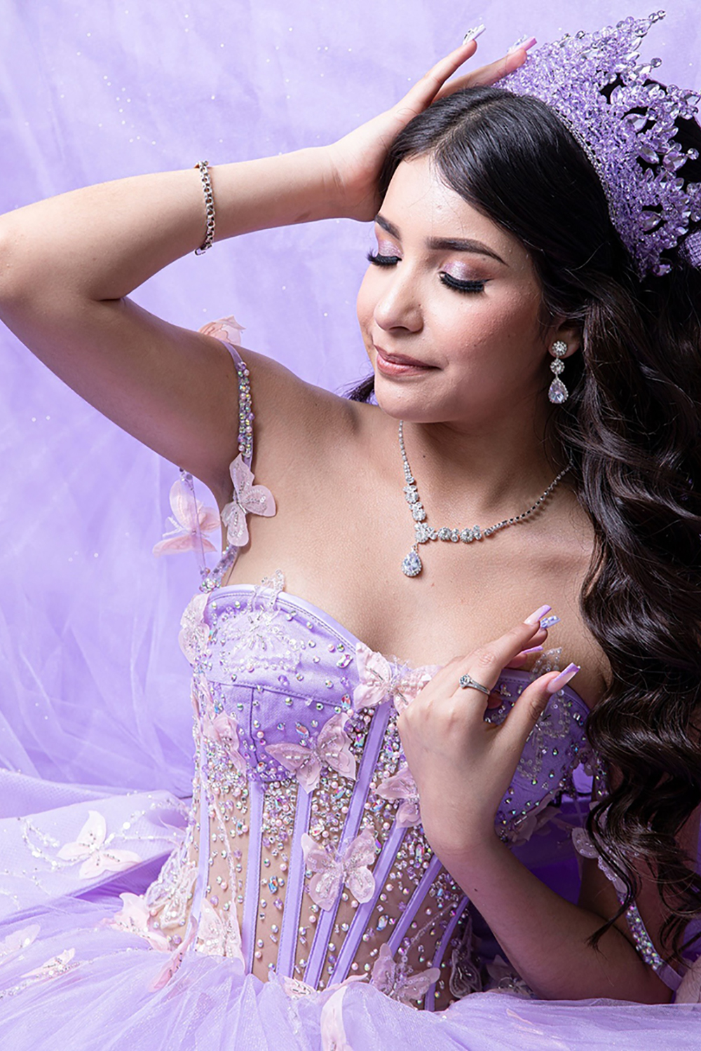 Long Lilac Quinceanera Ball Gown with Sparkly Tulle Butterfly Corset and Bow