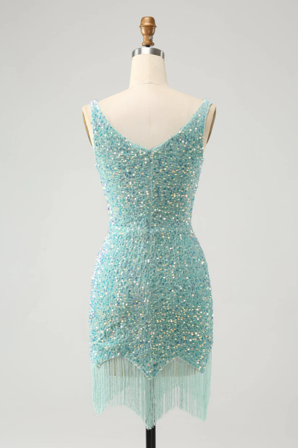 Mint Green Sequins Tassel Short Mini cocktail Dress