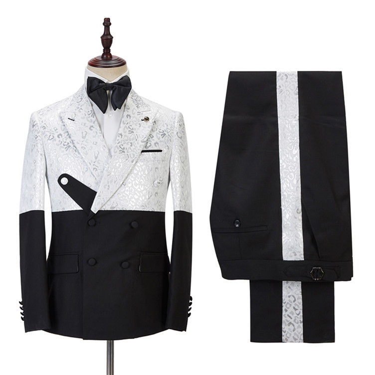 Handsome Black and White Peaked Lapel Marriage Blazer Suit with Jacquard