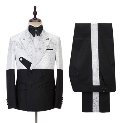 Handsome Black and White Peaked Lapel Marriage Blazer Suit with Jacquard