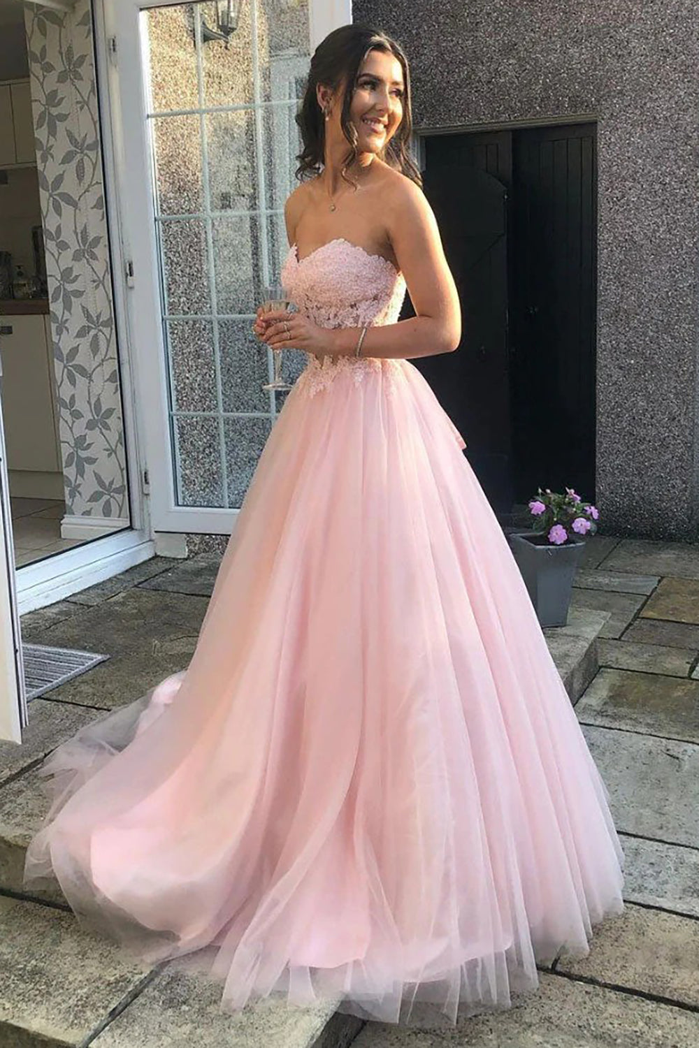Sweetheart Pink Corset Prom Dress with Appliques in A-Line Style
