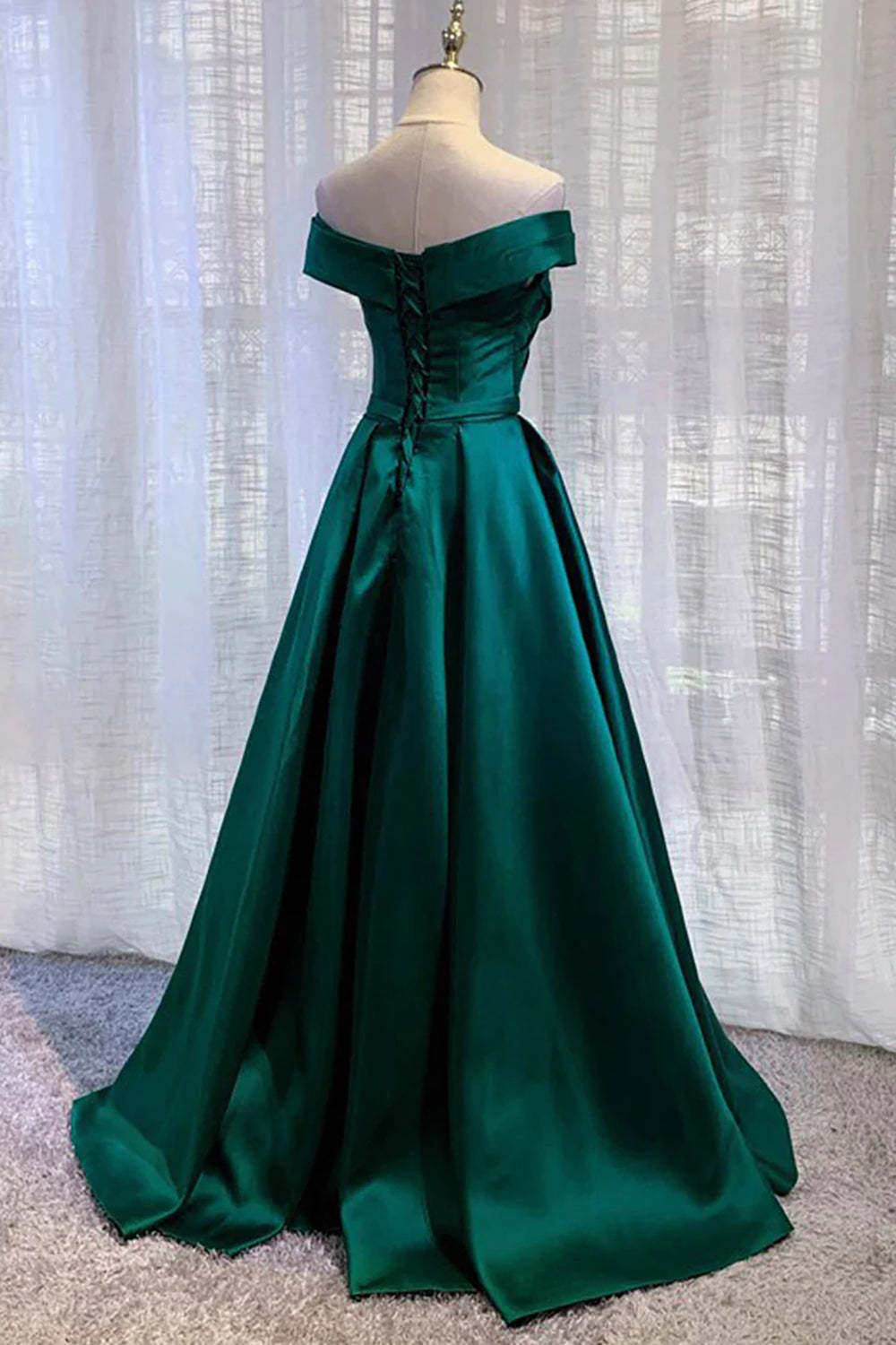 Dark Green Long A-Line Prom Dress with Off-the-Shoulder Elegance