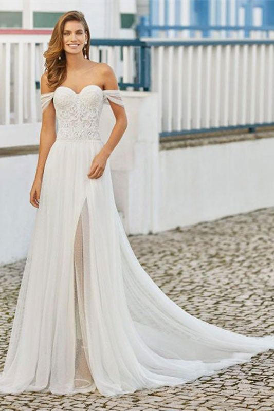 Split Lace Wedding Dress Off-the-Shoulder