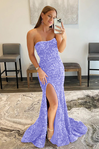 Long Red Prom Dress with Mermaid Sequins and Slit