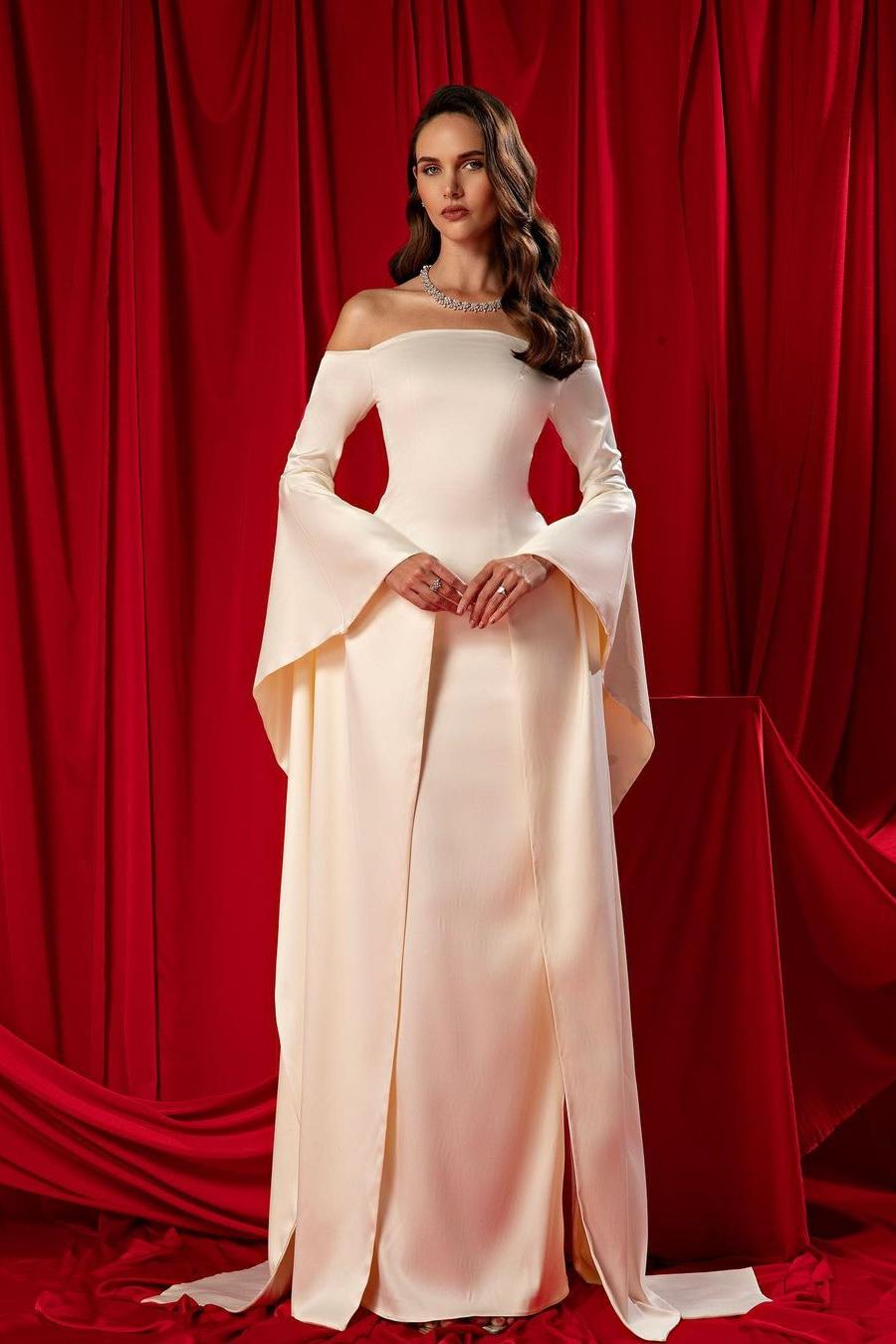 Off the Shoulder Strapless Long Sleeves Long Formal Dress With Ruffles