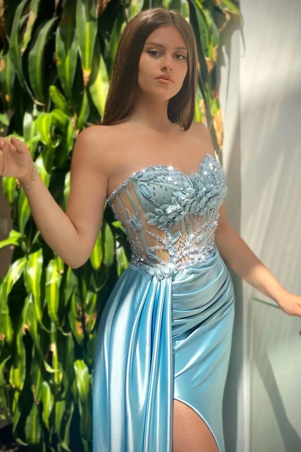 Blue Strapless Appliques Evening Dress Mermaid Sweetheart Beads With Ruffles Slit