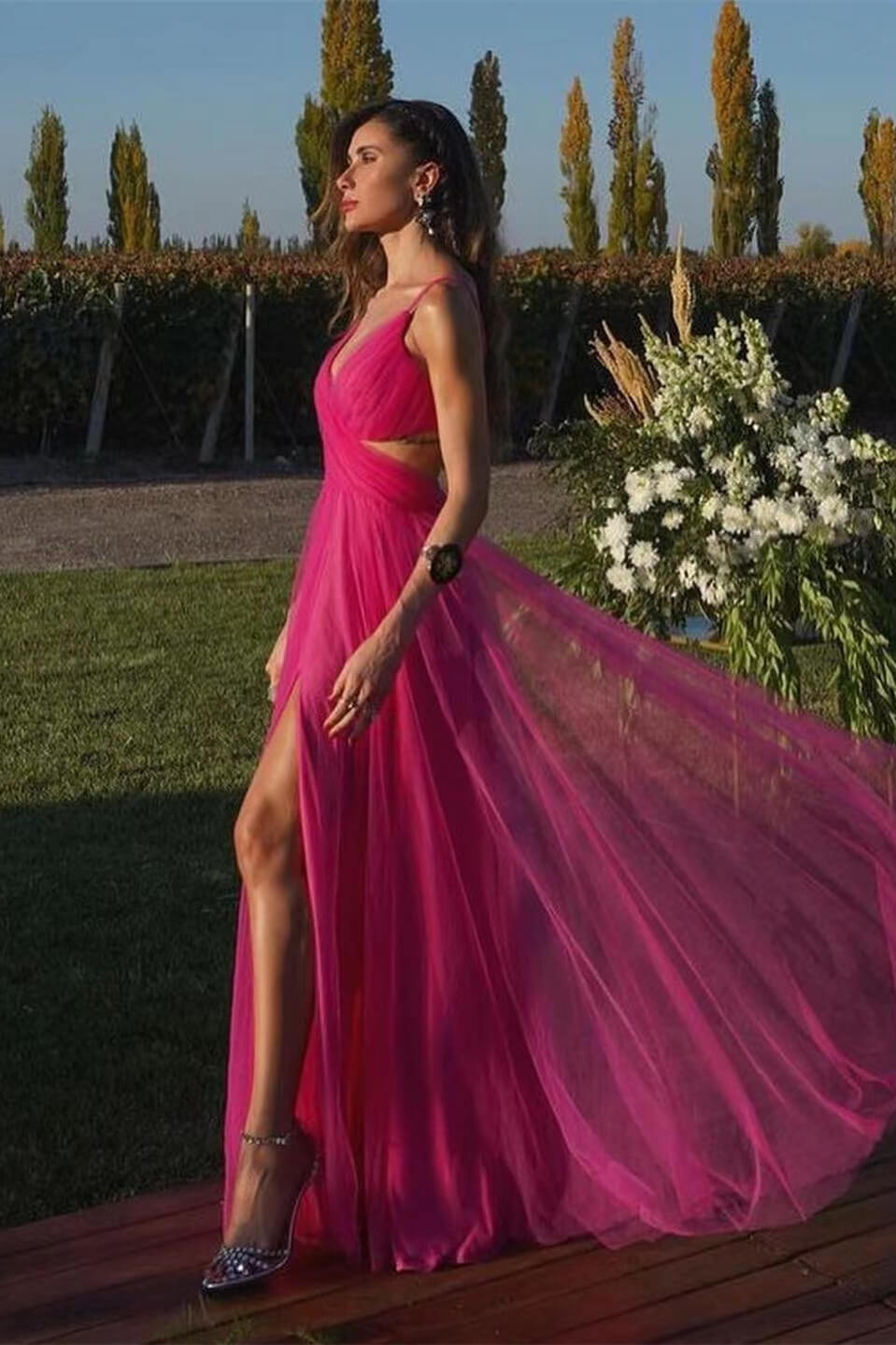 Hot Pink Sweetheart Spaghetti-Strapped Slit A-Line Prom Dress (Long Length)