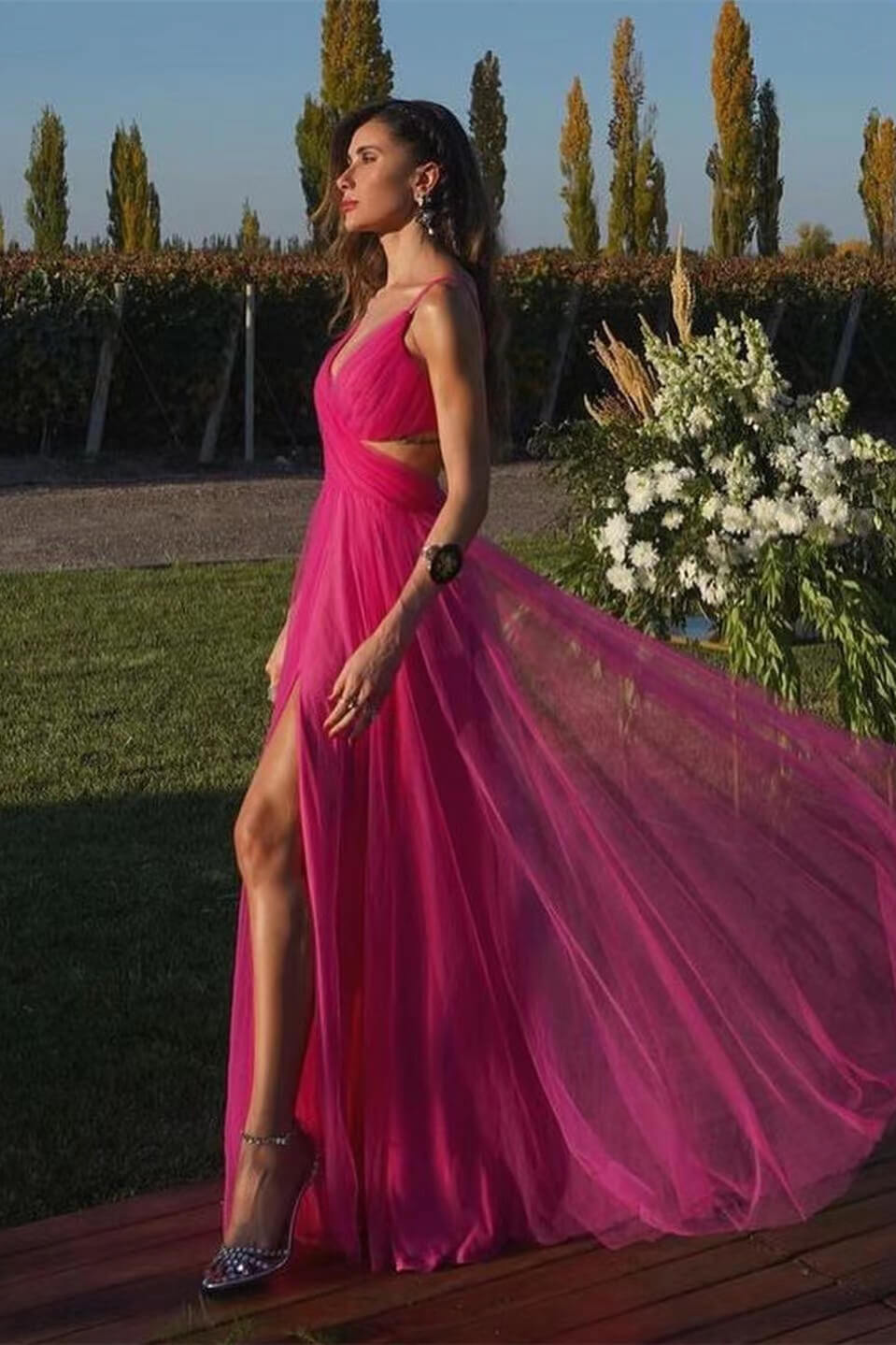 Hot Pink Sweetheart Spaghetti-Strapped Slit A-Line Prom Dress (Long Length)