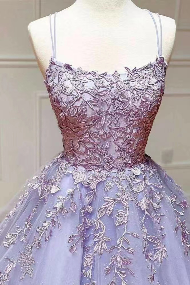 Lilac A-Line Appliques Spaghetti-Straps Evening Dress With Tulle