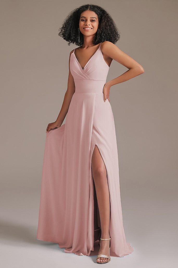 Spaghetti-Straps Slit V-Neck Bridesmaid Dress