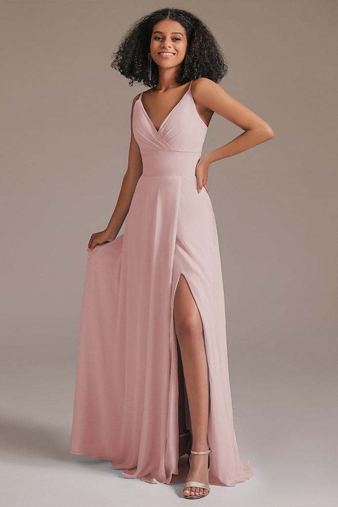 Spaghetti-Straps Slit V-Neck Bridesmaid Dress