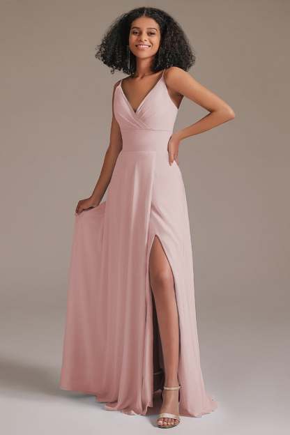 Spaghetti-Straps Slit V-Neck Bridesmaid Dress